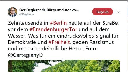 27. Mai 2018. Mit diesem Tweet lobte Müller die Großdemo unter dem Motto „Stoppt den Hass! Stoppt die AfD“