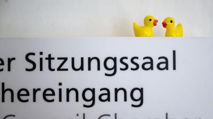 Kleine Enten auf einem Schild vor dem Großen Sitzungssaal des Rathauses.