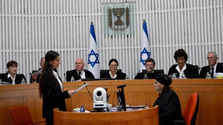 President of the Supreme Court Esther Hayut and all fifteen justices assemble to hear petitions against the reasonableness standard law in the High Court in Jerusalem, on Tuesday, September 12, 2023. PUBLICATIONxINxGERxSUIxAUTxHUNxONLY JER2023091205 DEBBIExHILL