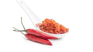 Red hot chili paste Red hot chili paste in ceramic spoon isolated on white background. Copyright: xZoonar.com/JIRIxHERAx 16572789