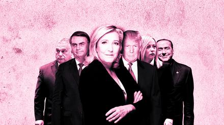 Victor Orbán, Jair Bolsonaro, Marine Le Pen, Donald Trump, Giorgia Meloni, Silvio Berlusconi