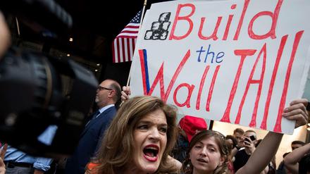 „Mach die Mauer groß“ fordert diese Demonstrantin. Stabil wäre vielleicht sinnvoller gewesen. 