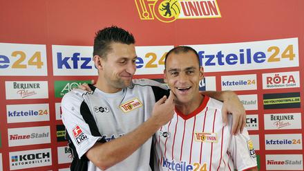 Ausflug in alte Zeiten. 2009 spielten Marco Gebhardt und Torsten Mattuschka gemeinsam für die Union-Profis, am Wochenende sind sie in der Oldie-Mannschaft wiedervereint. 